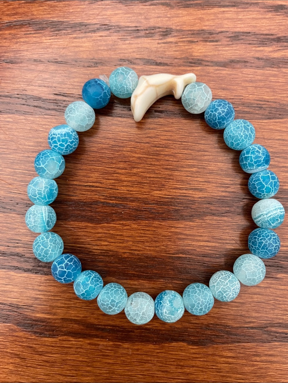 Blue Agate Bead Stretch Bracelet with Dolphin Accent